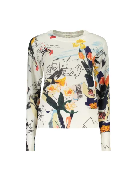Lniany sweter Desigual z długim rękawem z okrągłym dekoltem biały
