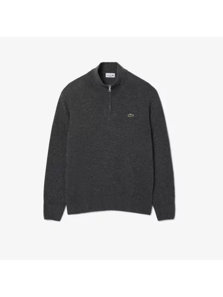 Lacoste Wełniany Sweter Z Wysokim Kołnierzem I Zamkiem szary
