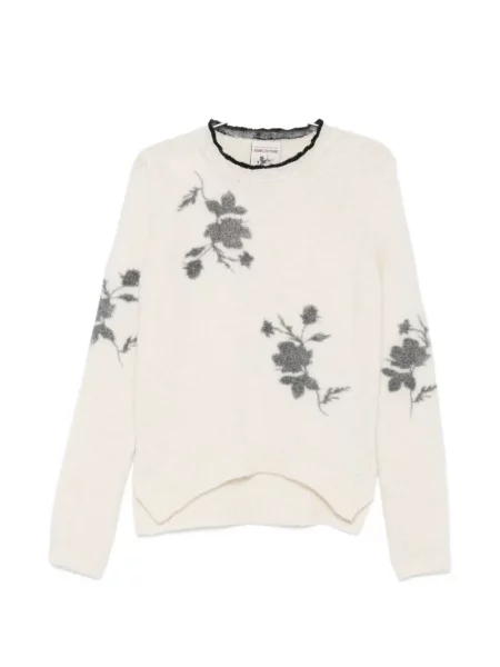 Pulover Semicouture cu model floral cu decolteu rotund din jacard alb