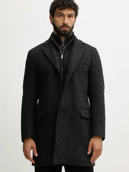 Вълнено палто Hackett London тъмносиньо преходен модел сиво