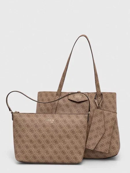 Duża lniana torebka Guess z autografem brązowa
