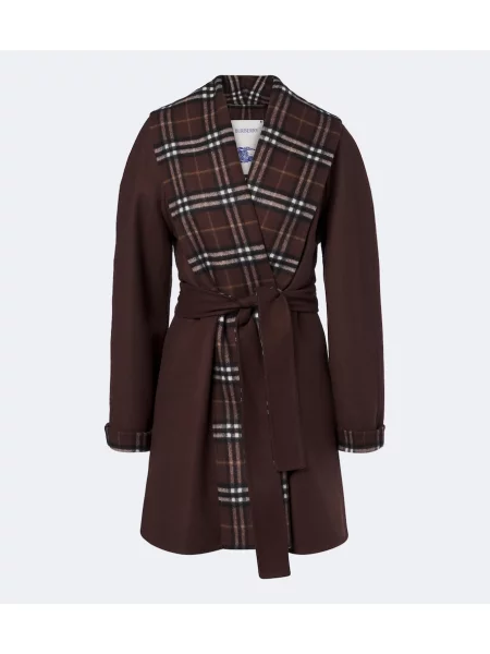 Cu centură palton Burberry de lână în carouri maro