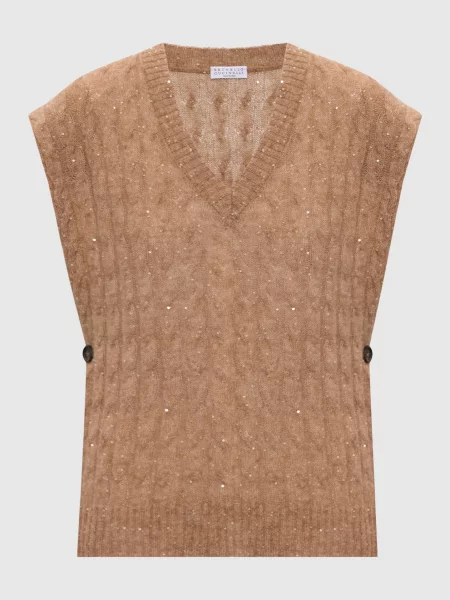 Жилет з вовною з паєтками Brunello Cucinelli бежевий