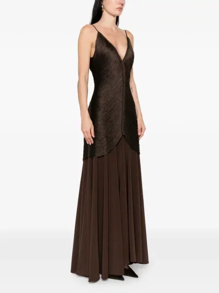 Rochie maxi Bless cu decolteu în V de costum maro