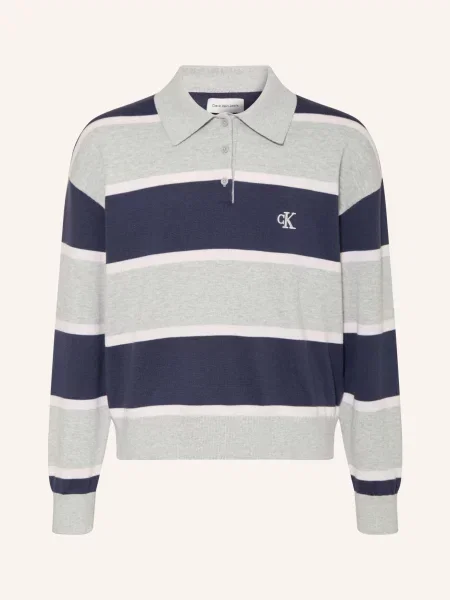Calvin Klein Pletená Polokošile šedá / tmavě modrá bílá