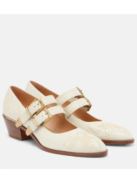 Pantofi cu toc Chloé din piele cu tepi alb