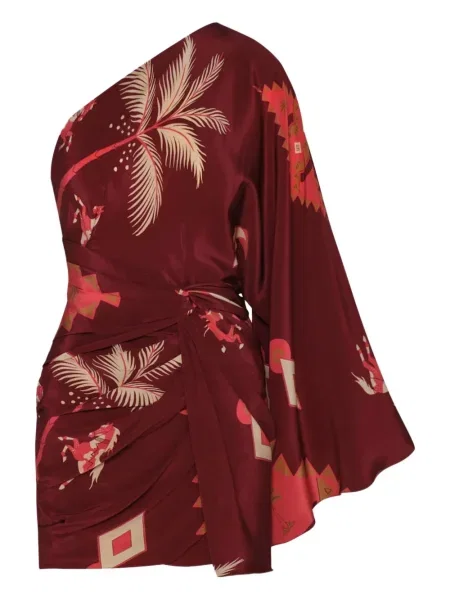 Sukienka mini Johanna Ortiz z nadrukiem na jednym ramieniu garniturowa czerwona