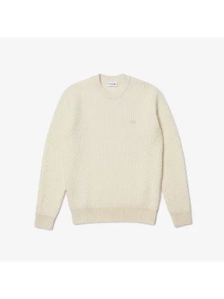 Lacoste Sweter Z Wełny O Regularnym Kroju I Splocie Kablowym biały