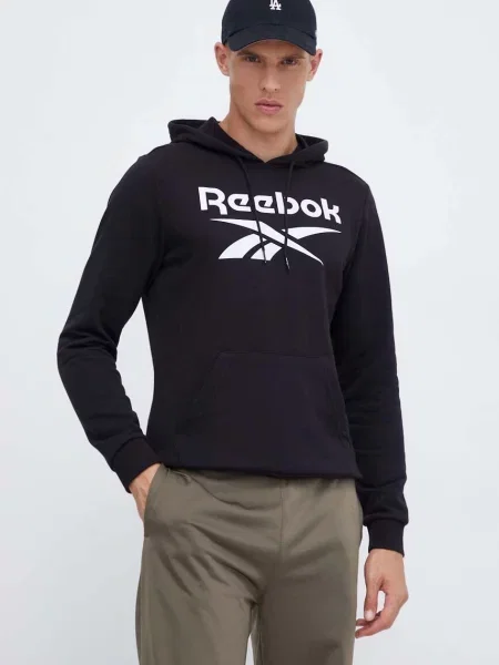 Суичър с качулка Reebok с качулка с принт черно