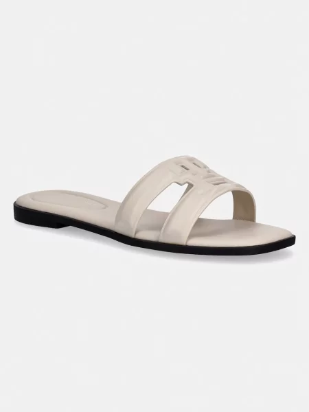 Tommy Hilfiger papuci cu plat pentru femei din piele TH LOGO STRAP MULE bej