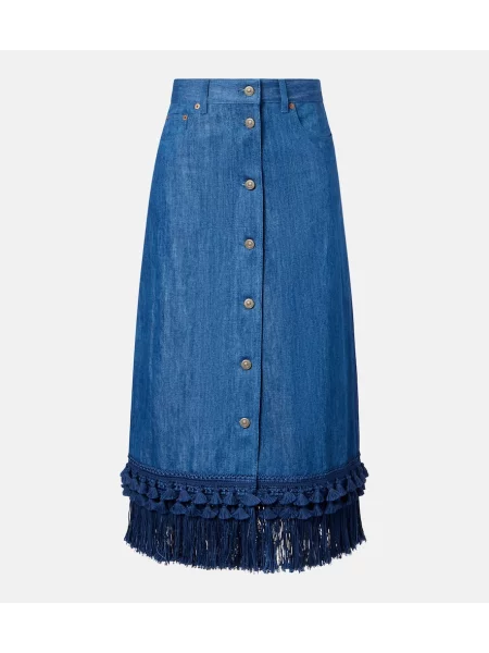 Spódnica jeansowa Valentino z frędzli do kolan niebieska