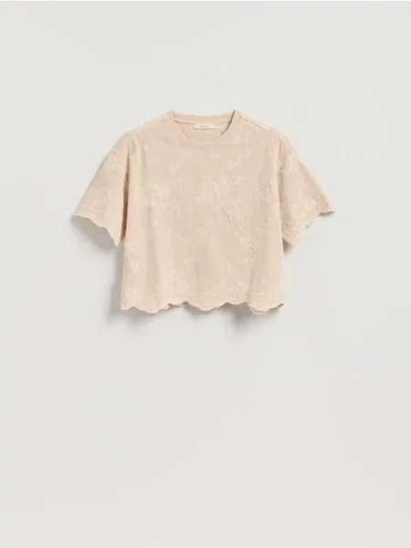 Reserved Tricou cu broderie ornamentală bej