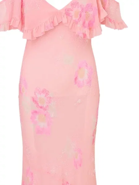 Rochie maxi Loveshackfancy cu model floral cu volane de costum roz