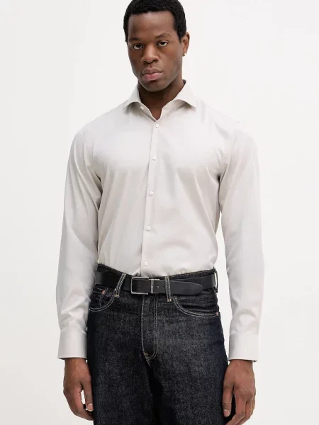 BOSS cămașă din cu guler clasic slim bej
