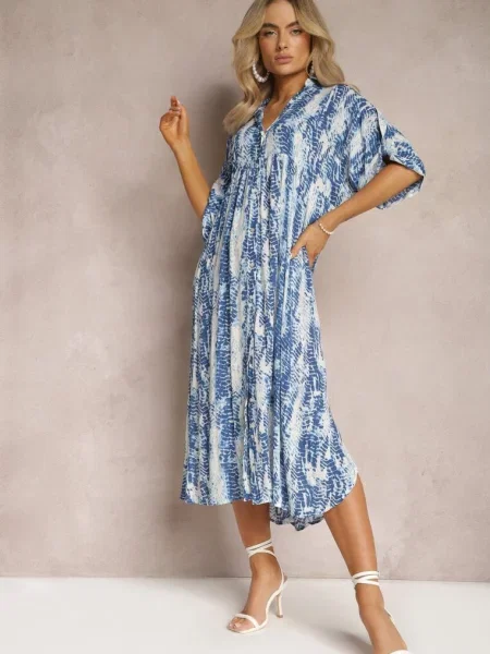 Rochie Cloș cu Guler din cu Imprimeu Modern Ilvana albastră