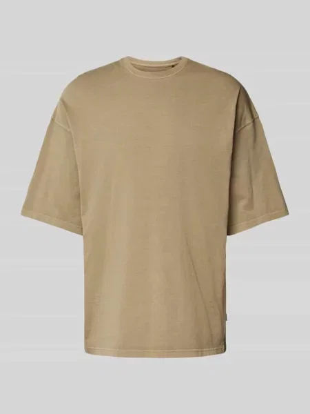 T-shirt z prążkowanym okrągłym dekoltem model ‘CHARGE’ Jack & Jones beżowa