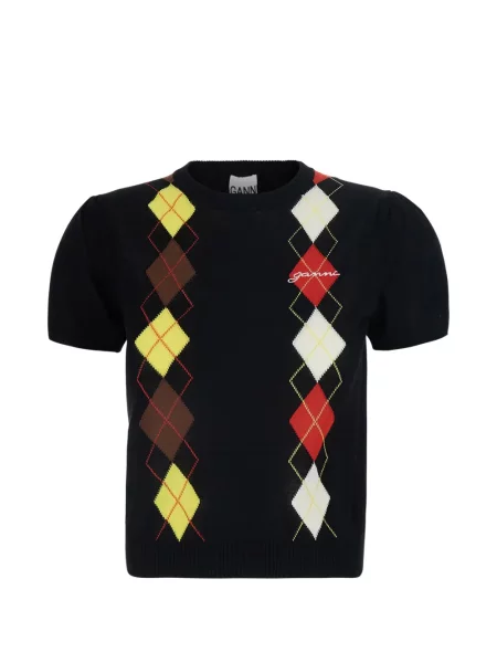 Tricou Ganni cu model argyle cu autograf negru