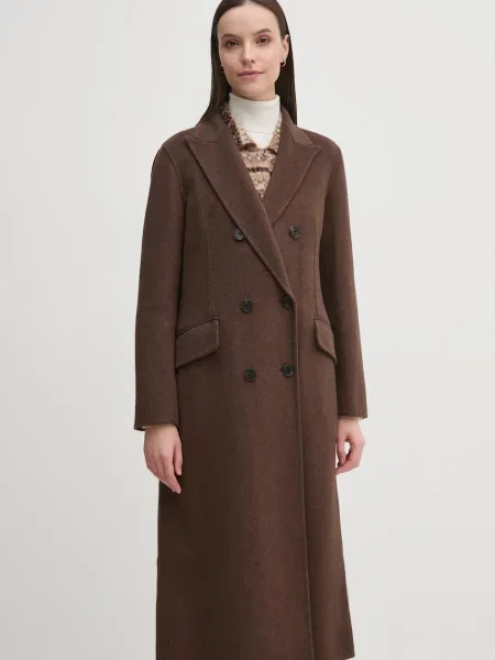 Палто с вълна Pedro del Hierro преходен модел с двуредно закопчаване кафяво