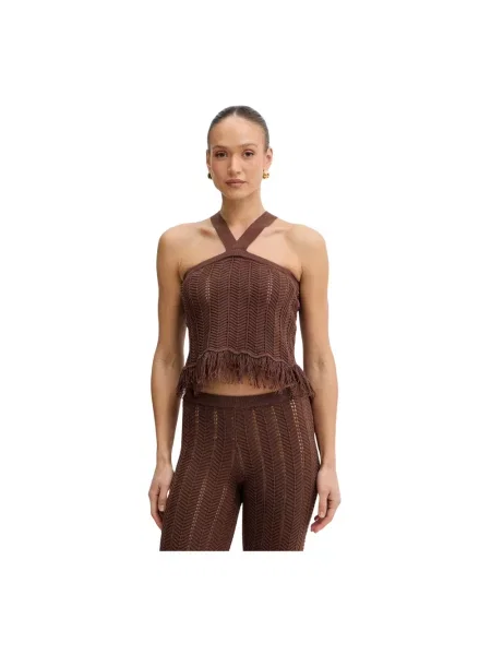 Dzianinowy top Twinset z frędzli brązowy