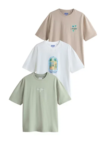 Next Tricou albastru neon / gri taupe / verde pastel alb