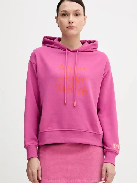 Суичър с качулка United Colors Of Benetton с качулка с принт розово