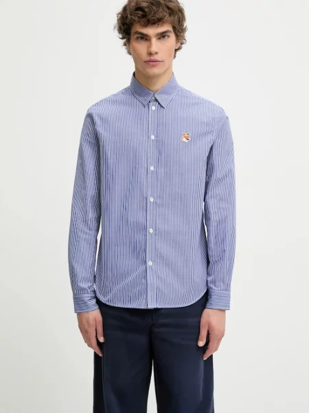 Košile Maison Kitsuné Fox Head Classic Striped tmavomodrá regular s klasickým límcem