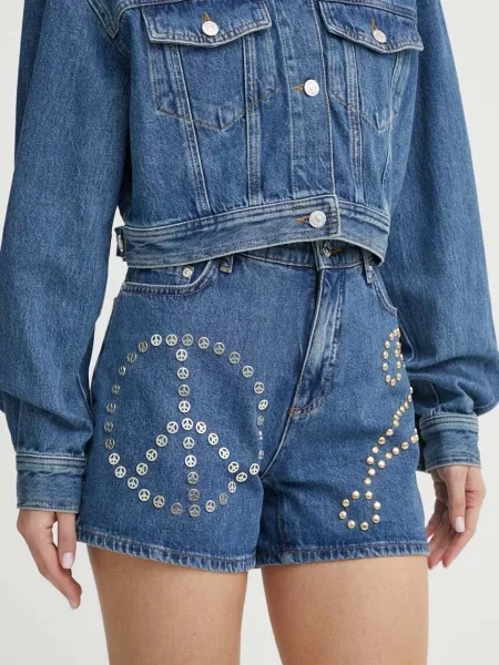 Дънков къс панталон Moschino Jeans с апликация с висока талия синьо