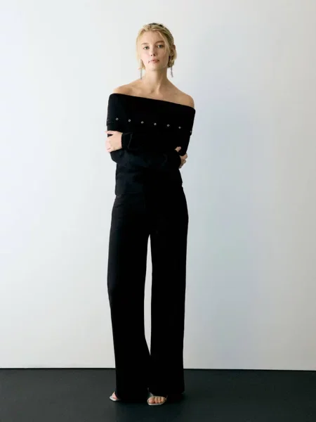 Asymetryczny sweter z oczkami Teen L MANGO TEEN czarny