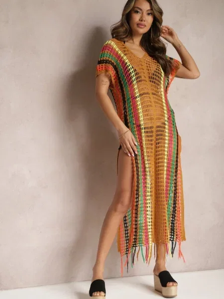 Ciemnobeżowa Długa Szydełkowa Sukienka na Plażę w z Wycięciami i Frędzlami Liretha beżowa