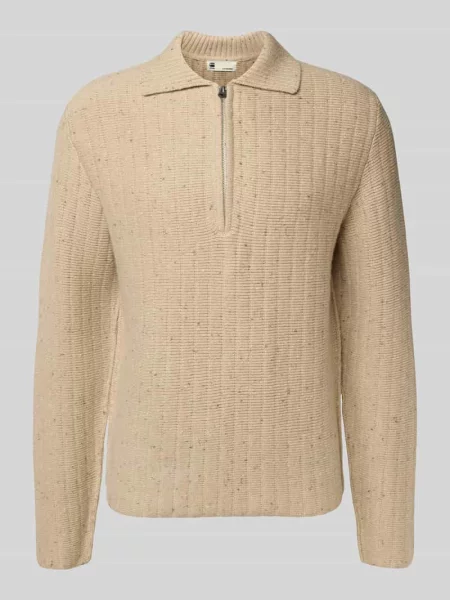 Sweter z dzianiny z kołnierzykiem polo i zamkiem błyskawicznym beżowa