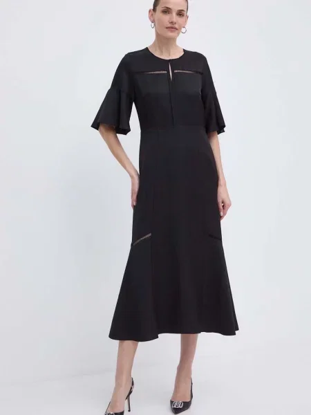 BOSS rochie din amestec de in midi evazati negru