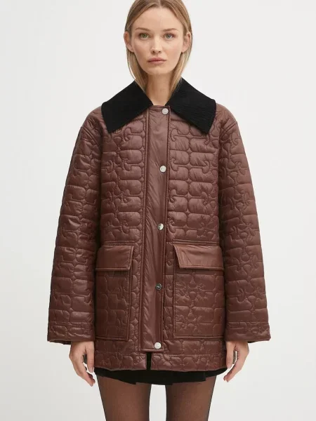 GANNI kurtka Shiny Quilt Midi przejściowa brązowy
