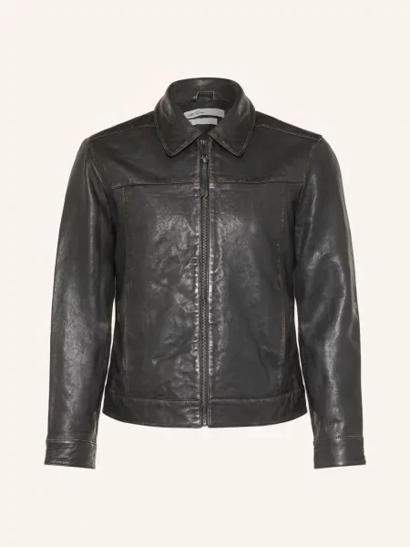 Allsaints Kožená Bunda Oakland tmavě hnědá