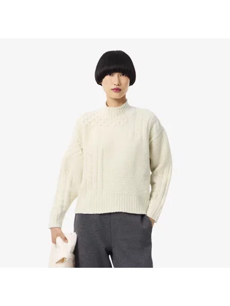 Lacoste Wełniany Sweter Z Wysokim Kołnierzem Z Efektem Patchworku