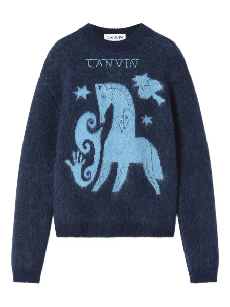 Pulover Lanvin cu imprimeu animal print cu decolteu rotund albastru