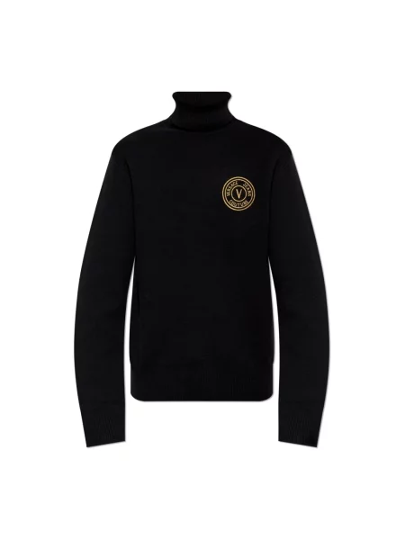 Lniany sweter z golfem Versace Jeans Couture z logo do golfa czarny