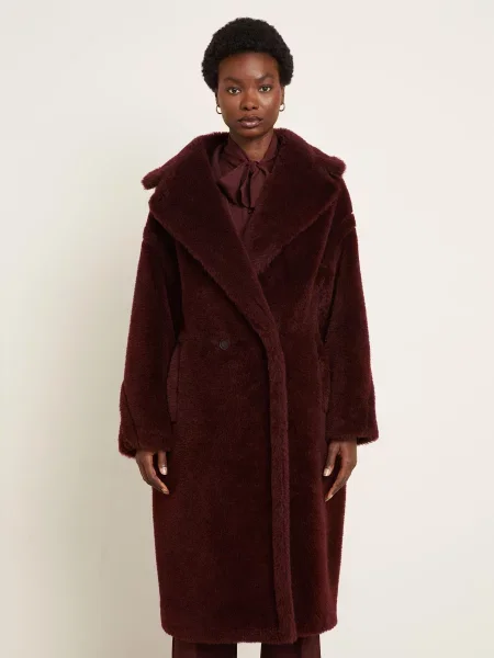 Max Mara Plyšový Kabát Tedgirl S Alpakou tmavě červená
