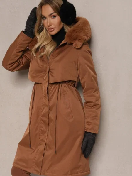 Jasnobrązowa Kurtka Parka ze Ściągaczem Kapturem i Odpinanym Futerkiem Semiriellea brązowa