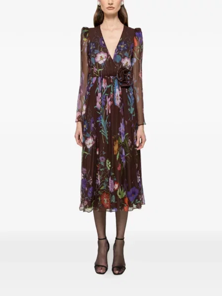 Rochie midi Nissa cu model floral până la genunchi de costum maro