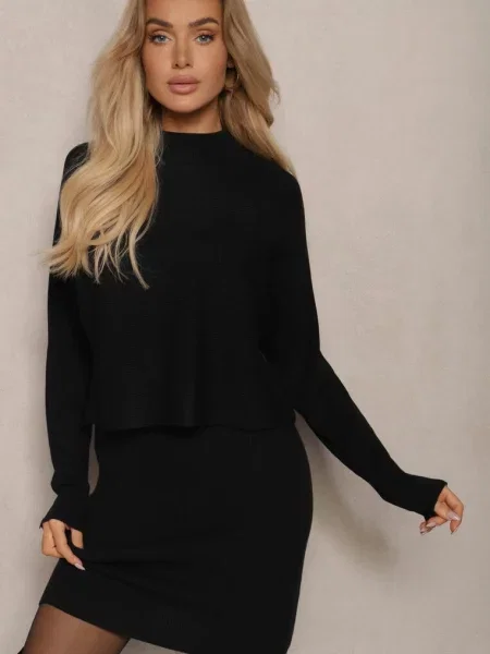 Komplet z Dzianiny Sukienka bez Rękawów i Półgolf Nietoperz Isabeline czarny