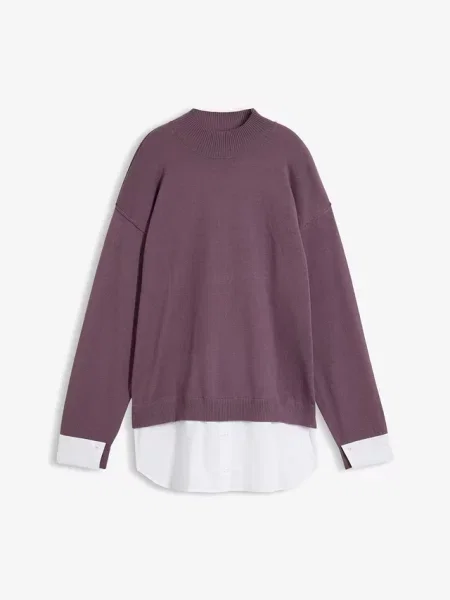 Sweter oversize z doszywaną koszulą fioletowy
