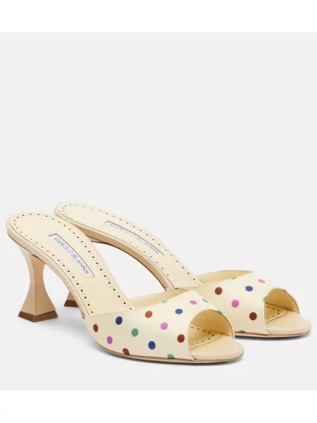 Papuci tip mules Manolo Blahnik cu buline din țesătură twill bej