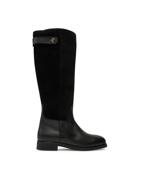 Tommy Hilfiger bőr csizma TH STUD LEATHER MIX LONG BOOT női lapos talpú fekete