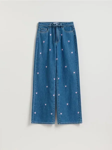 Reserved Jeansy wide leg z haftem niebieski