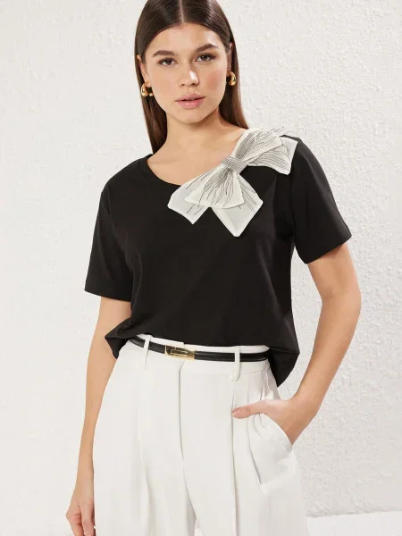 Trendyol Tricou negru / murdar alb