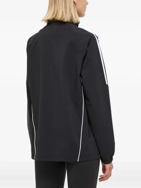 Geacă cu puf Adidas din piele de căprioară cu dungi cu glugă albastru