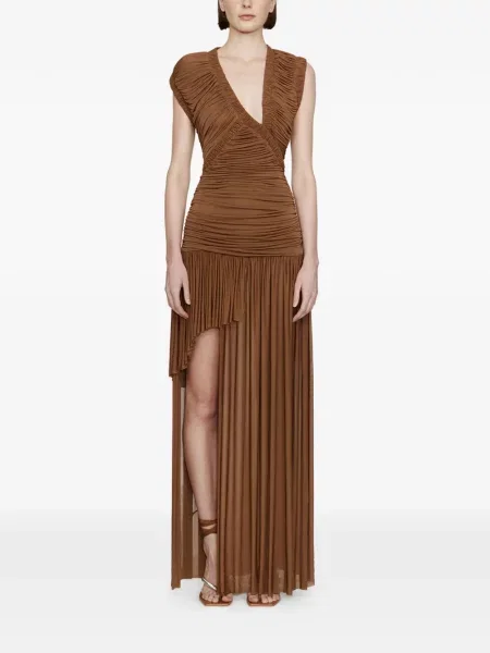 Rochie maxi Christopher Esber drapată de costum maro