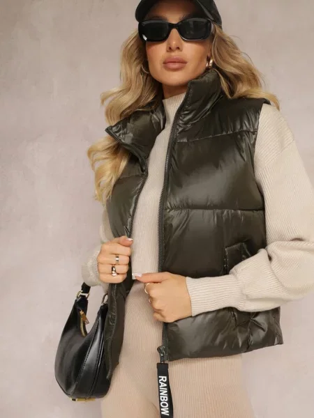 Verdeață Închisă Matlasată Vestă cu Guler Larg Cerissa verde