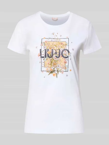 T-shirt z nadrukiem z logo i obszyciem ozdobnymi kamieniami Liu Jo White biała