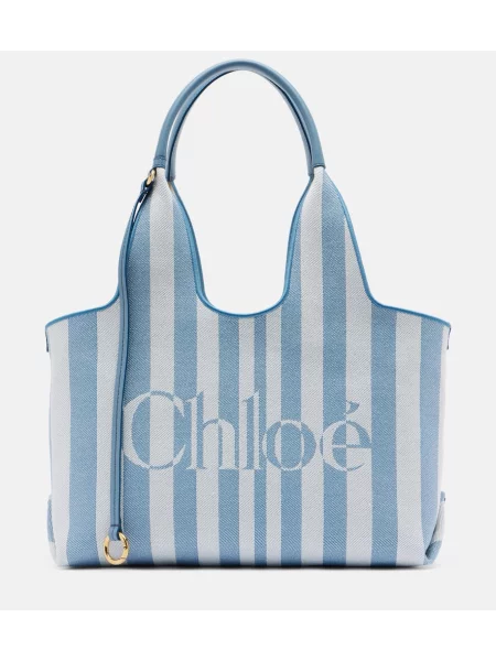 Geantă shopper Chloé din canvas cu autograf albastru
